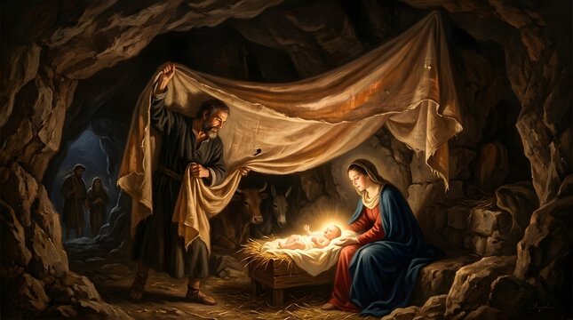 A dramatic oil painting of the Nativity scene inside a dark rocky grotto, Joseph holding one end of a simple Renaissance linen sheet above Mary and the radiant infant Jesus to shield them from falling