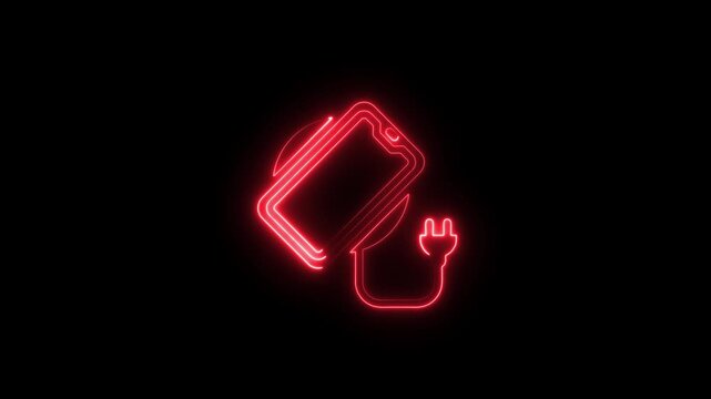 Neon red wireless smartphone charging animation on black background, glowing mobile