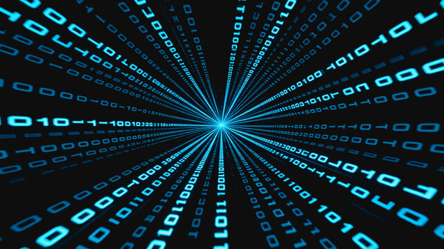 Glowing binary digits form a stream moving toward a central point, representing digital data flow and technology.