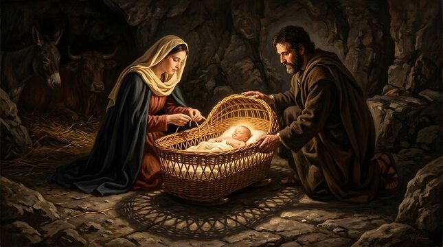 A dramatic oil painting of the Nativity scene inside a dark rocky grotto, the infant Jesus resting within a humble handwoven reed cradle placed directly on uneven stone while Mary repairs a loose stra