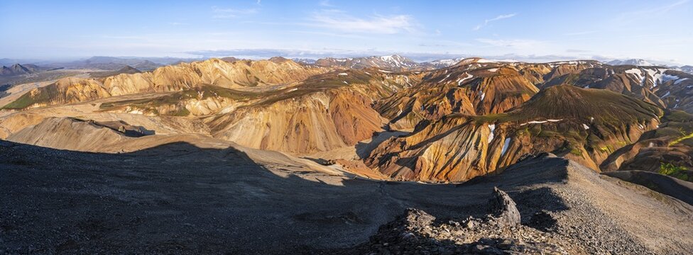 View from Bl&aacute;hn&uacute;kur, Landscape panorama, Dramatic volcanic landscape, Colourful erosion landscape with mountains, Lava field, Landmannalaugar, Fjallabak Nature Reserve, Su&eth;urland, Iceland