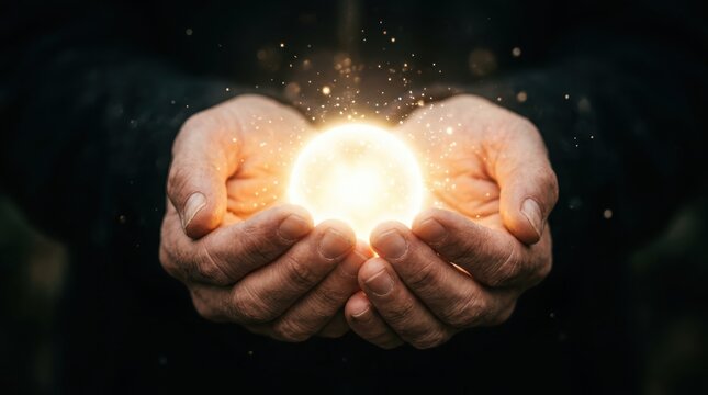 Hands holding a glowing bright light ball with sparkling magic particles in the dark