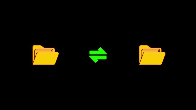 Data synchronization animation: file folder sync and transfer process for cloud computing and digital storage