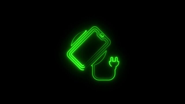 Neon green smartphone wireless charging animation on black background, glowing