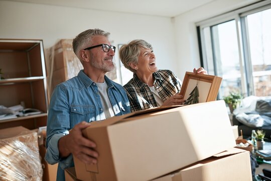 Cheerful older couple unpacking cardboard boxes in bright newly occupied living room surrounded by wrapped furniture and partially assembled shelving unit holding framed decoration while laughing