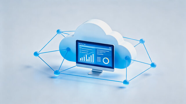 A digital monitor displaying data analytics connects to a cloud computing network for data processing and visualization.