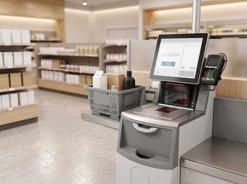 Retail checkout station with barcode scanner and cash register in store environment