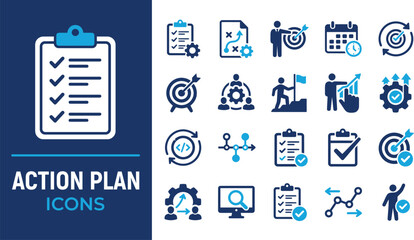 Action plan icon set. Containing planning, schedule, strategy, analysis, tasks, goal, collaboration and objective icons. Solid icon collection. © Tanvir
