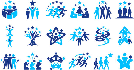 Fototapeta premium Diverse blue and cyan people group icons celebrating unity and teamwork for community, success, and collaboration in business and social contexts.