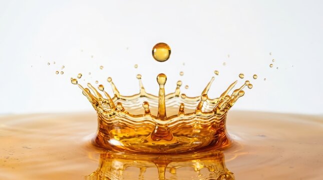 Golden yellow liquid splash with a crown shape and a single falling drop isolated against a clean white background studio shot
