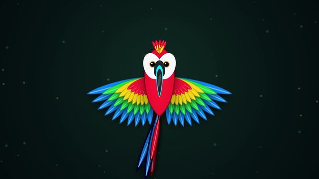Colorful cartoon parrot bird flying with vibrant rainbow feathers isolated background