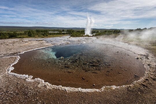 Thermal spring and eruption Geysir Strokkur, geothermal area Haukadalur, Geysir, Iceland