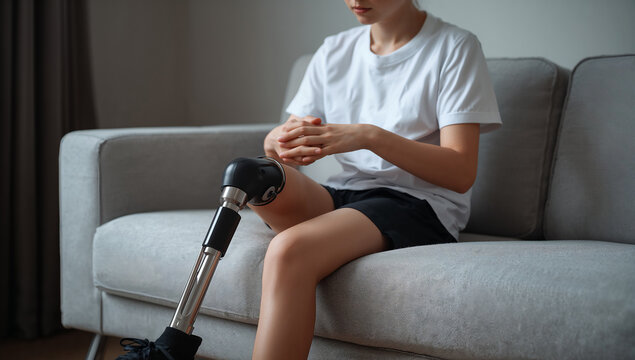 Young woman with prosthetic leg sitting on a sofa at home, rehabilitation and amputee support concept