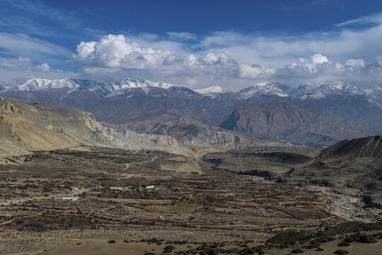 Terraced landscape in mountain scenery, Ghar Gumba monastery, Kingdom of Mustang, Nepal