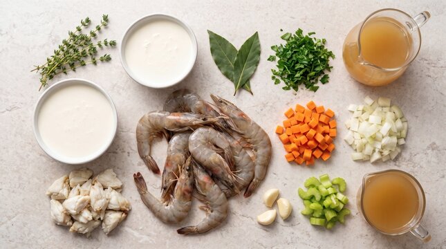 Raw ingredients for gourmet seafood bisque recipe including fresh shrimp, crab, cream, broth, and chopped vegetables organized on a stone surface.