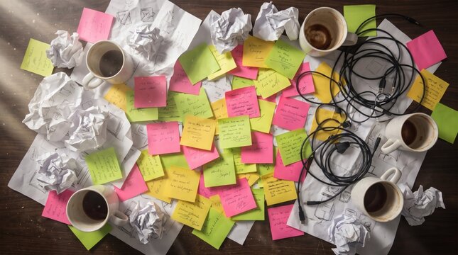 High-angle view of a messy wooden office desk with colorful sticky notes, crumpled papers, tangled cables, and empty coffee mugs, depicting workplace stress and chaotic brainstorming.