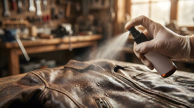Close up of a gloved hand spraying waterproof leather protectant or conditioner onto a vintage brown leather jacket in a workshop, professional garment care and maintenance for long-term durability