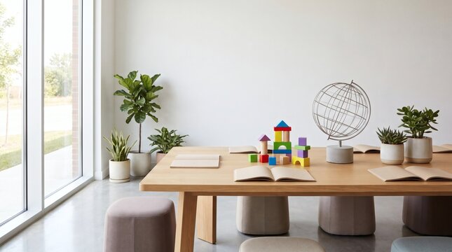 Modern minimalist classroom interior featuring a large wooden table with colorful building blocks, wire globe, blank notebooks, and green plants in a bright, sunlit educational environment.