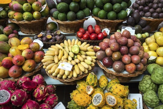 Exotic fruit stall, market, indoor market, Mercado dos Lavradores, Funchal, Madeira, Portugal