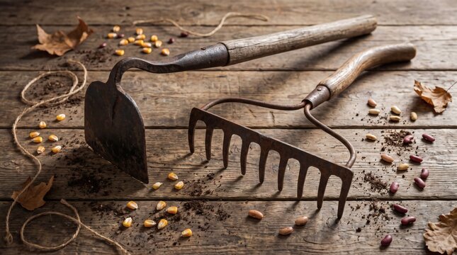 Vintage antique farming tools featuring a rustic hoe and metal rake resting on a weathered wooden surface with scattered corn kernels, beans, and dried autumn leaves representing traditional