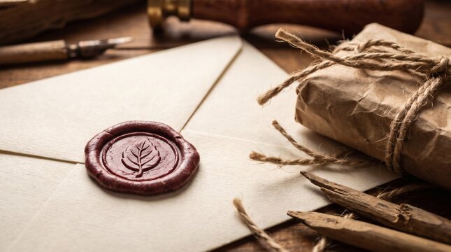Vintage cream envelope with red wax leaf seal on rustic wooden desk with brown parcel and calligraphy tools, warm atmospheric lighting.