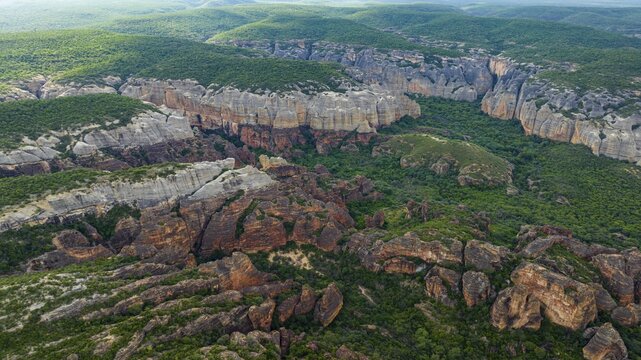 Aerial of the Sandstone cliffs in the Unesco site Serra da Capivara National Park, Piaui, Brazil