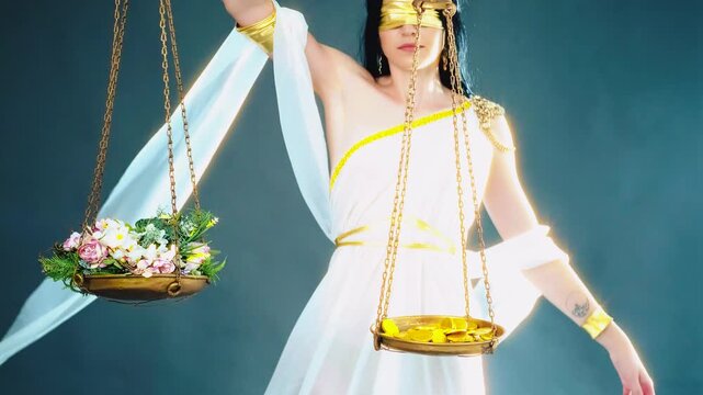 woman Greek goddess of justice Themis holding scales in hands blind eyes closed with conservation of nature versus money, corruption and corporations concept. Sexy girl White gold dress fabric flies.