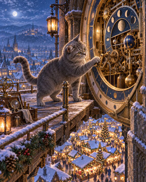 Clockmaker cat repairing magical Christmas market clock
