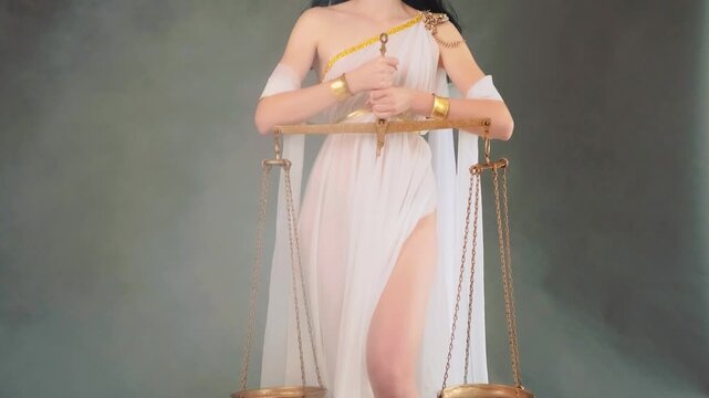 Fantasy woman Greek goddess of justice Themis holding golden scales in hands. Sexy girl princess fashion model in White silk dress Roman style fabric long dark hair flies in wind. Gold crown, bangles