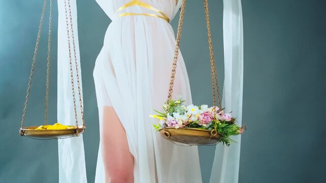 Shiny art portrait woman Greek goddess of justice Themis holding scales in hands blind eyes closed with bandage corrupt concept. Sexy girl White gold dress fabric flies in wind. Blue studio full smoke
