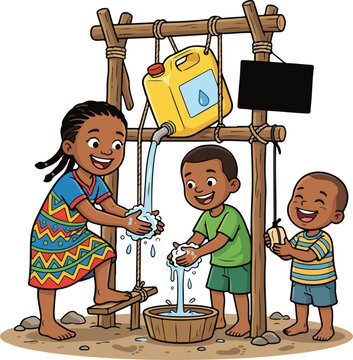 Children Washing Hands at a Rural Tippy Tap Water Station Illustration