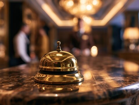 Luxury hotel reception desk bell with blurred staff and warm lighting