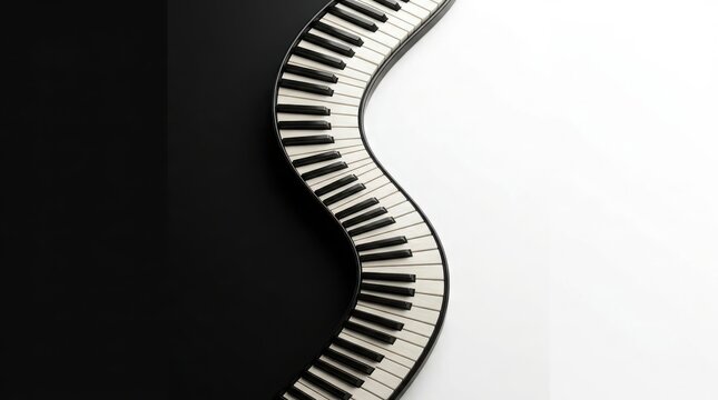 Wavy piano keyboard keys forming an abstract curved shape on a split black and white background for musical design concepts