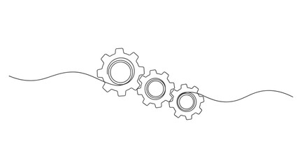 Continuous line art illustration of interconnected mechanical gears with black and white mechanical engineering © SUFALA