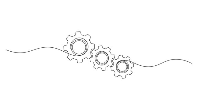 Continuous line art illustration of interconnected mechanical gears with black and white mechanical engineering