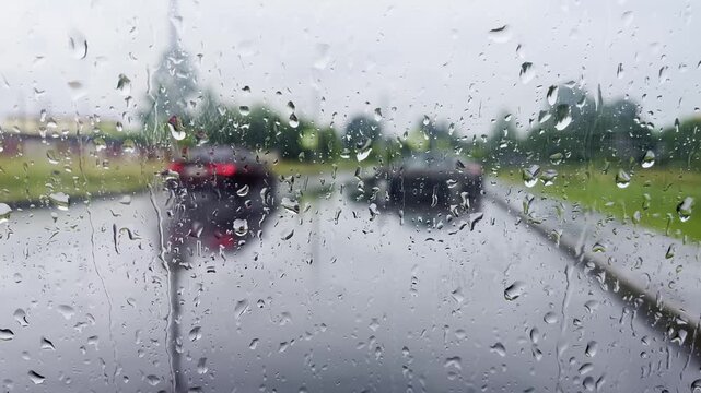 Large rain droplets cling to foreground glass as distant vehicles glide past on wet suburban road, with grassy verges, muted greens, cool gray overcast light, and calm gloomy weather mood
