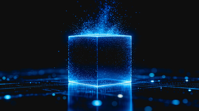 A glowing blue digital cube made of particles floats on a dark tech-inspired background, representing data and virtual technology.