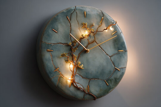 Artistic round ceramic wall clock featuring integrated gold vine details and glowing LED lights isolated