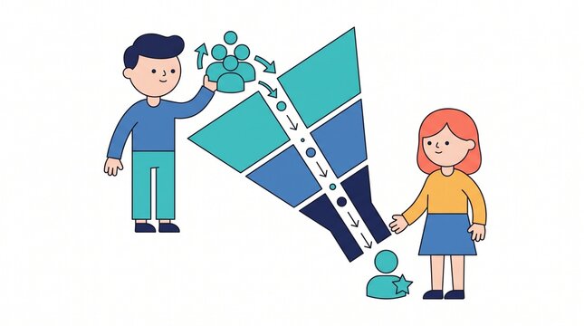 Man and woman using a marketing funnel to convert audience groups into single customer leads with marketing