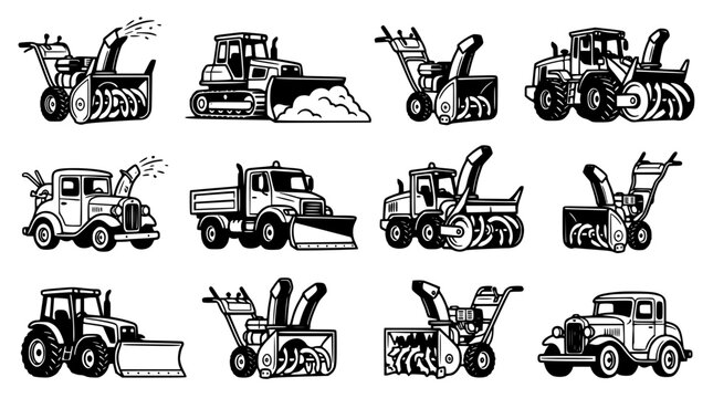 Construction Vehicles Set with Snowplows, Including Bulldozers, Trucks