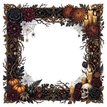 A dark gothic frame decorated with blooming autumn flowers skulls pumpkins and flickering candles.