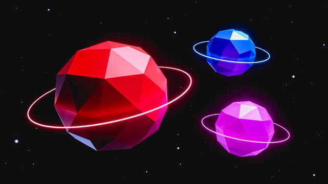 Three stylized low poly planets with glowing neon rings float in dark starry space, colorful 3D digital artwork.