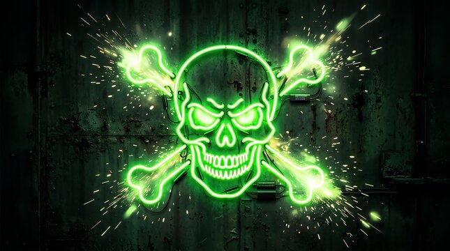Glowing green neon skull and crossbones on dark background