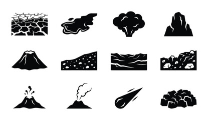 Earth Science Icons Set: Geology, Volcanoes, Meteorites, and Landforms Vector Graphics Collection for Educational and Environmental Concepts © Tayeb