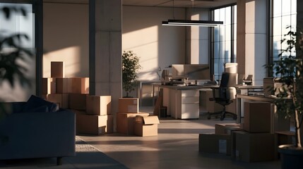 Obraz premium Sunlit office space with cardboard boxes desks chairs and potted plants suggesting a move or setup
