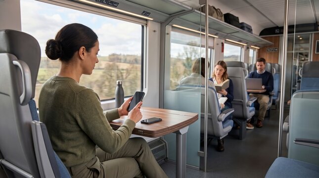 Woman relaxing with smartphone in quiet carriage of passenger train for calm sensory friendly travel