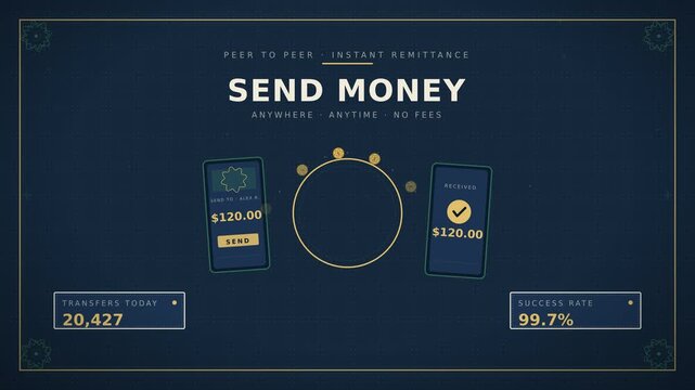 Animated Online Mobile Money Transfer Concept with Smartphones Gold Coins and Banking App UI