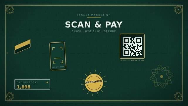 QR Code Payment Animation with Street Market Scanner and Approved Stamp in Gold Security Print Style