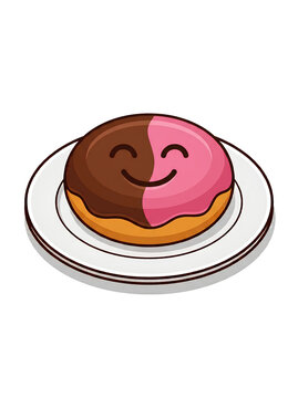 2D isometric vector illustration of a filled donut without a hole topped with half chocolate and half strawberry glaze with a happy smiley face on a white plate isolated on white background 