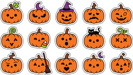Fototapeta premium Halloween Jack-O-Lantern Faces Set of 15 Fun and Spooky Pumpkin Stickers Vector Illustration
